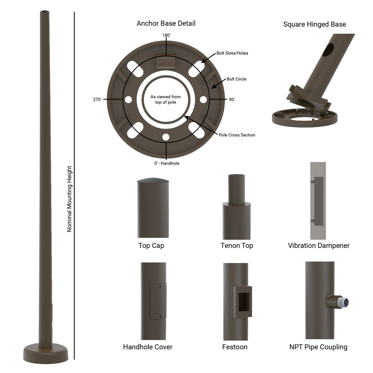 10' Tall x 4.0" Base OD x 3.0" Top OD x 0.125" Thick, Round Tapered Aluminum, Hinged Anchor Base Light Pole