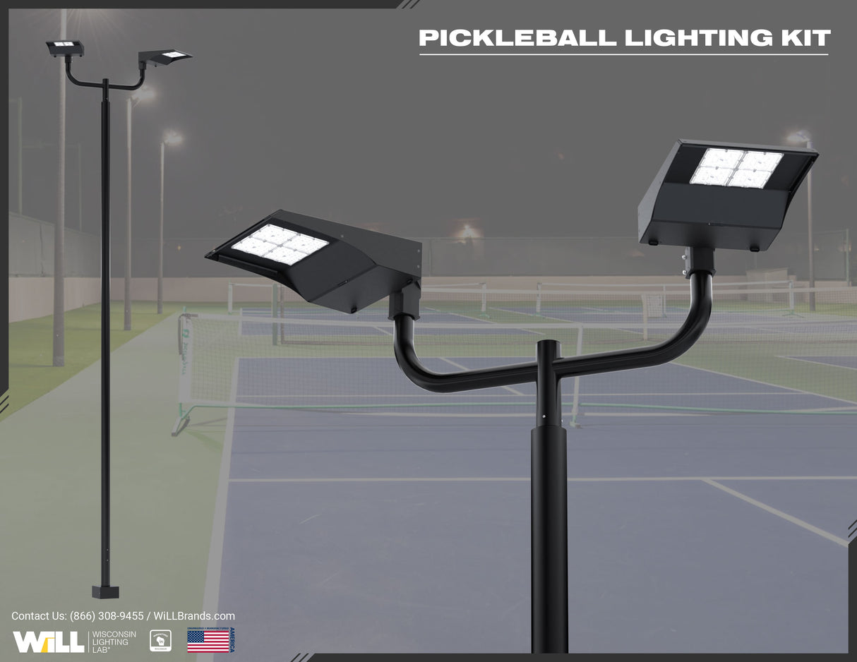 Pickleball Lighting Kit - 2 Poles + 4 Fixtures, Pre-Shipped Anchor Bolts, Black Finish, Free Shipping!