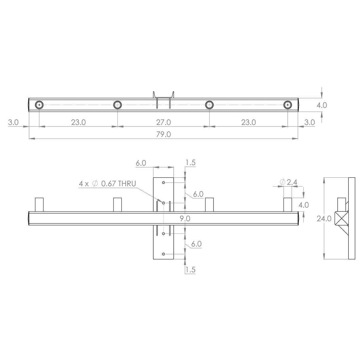 CH4 4 Light Crossarm, 4@180 Top, Wood Pole Mount